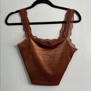 Chic Lace-Trimmed Velvet Cropped Copper Tank Top